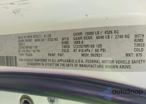 2020 Ram 2500 Laramie 4X4 6'4 Box z USA, uszkodzony, nr VIN 3C6UR5FL4LG266795